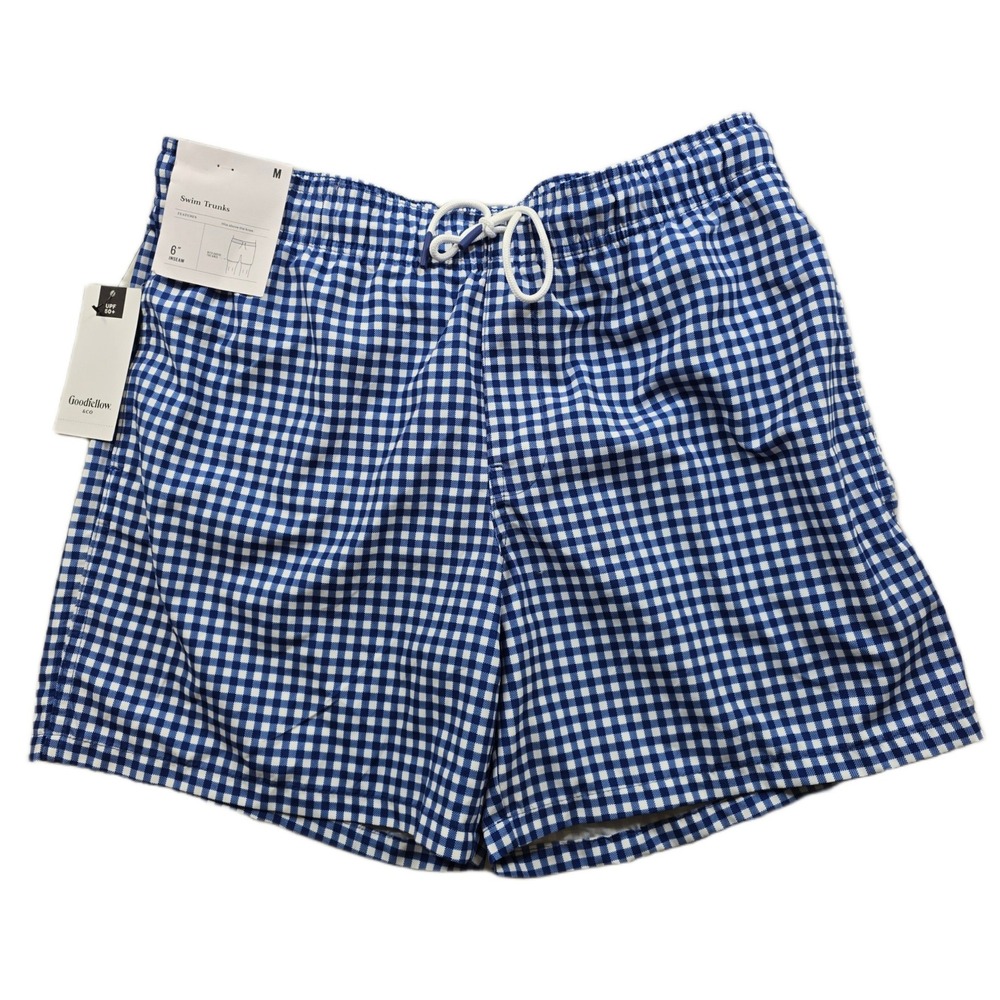 Goodfellow Swim Trunks Mens Medium Blue Gingham 6" Inseam UPF 50+ NEW